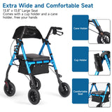 Ambliss Rollator Walker 8" Non-Pneumatic Wheels Rollator Walkers for Seniors with Seat Locking Brakes Adjustable Seat and Arms Blue Aluminum Foldable Medical Walker Removable Back Support 300 lbs