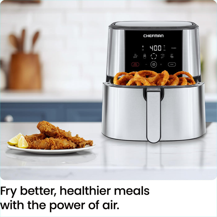 Chefman TurboFry® Touch Air Fryer, XL 8-Qt Family Size, One-Touch Digital Control Presets, French Fries, Chicken, Meat, Fish, Nonstick Dishwasher-Safe Parts, Automatic Shutoff, Stainless Steel