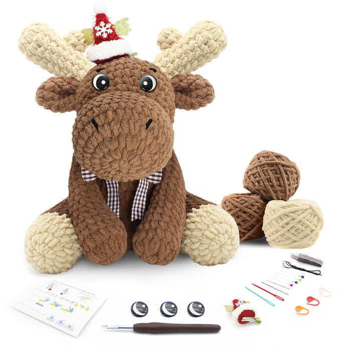 CODGP Crochet Kit for Beginners,11.8in Crochet Animal Kit Elk,Crochet Starter Kit Christmas Gift for Adults Kids with Yarn Sets,Amigurumi Crochet Kit with Step-by-Step Video Tutorials