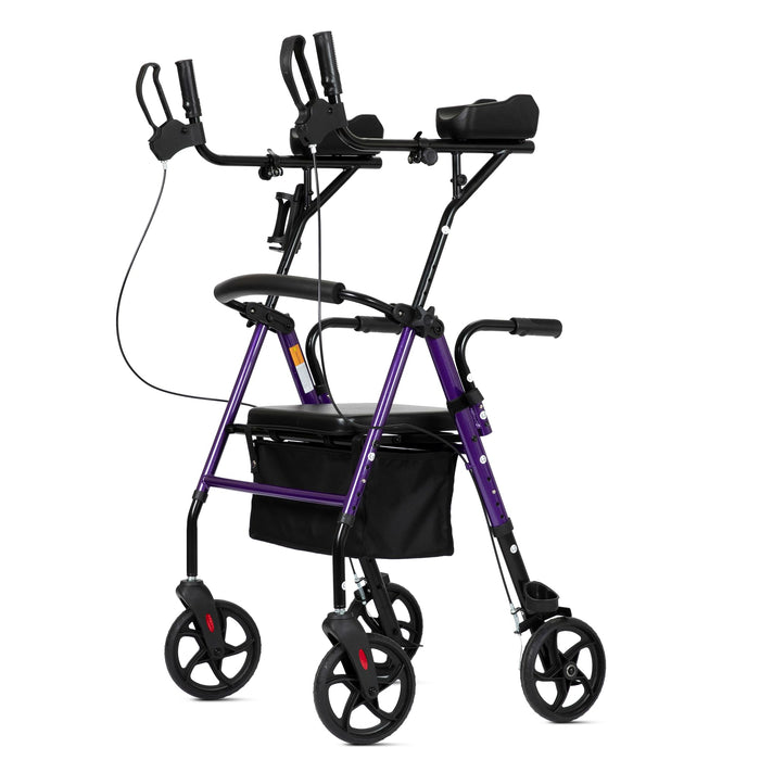 ELENKER Upright Walker, Stand Up Rollator Walker with Padded Seat and Backrest, Compact Folding, Fully Adjustment Frame for Seniors, Purple