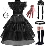 WYB Black Wednesday Addams Costume Dress for Girls Halloween Costumes Cosplay Party School Days Dress with Accessories 4-12Y