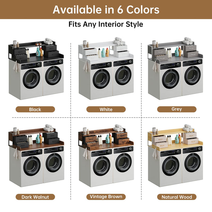 4 Drawers Washer Dryer Countertop with Shelf, 27.5" D x 54" W Laundry Topper with 3.54" High Guardrails and Non-Slip Pads,Extra Storage Organizer for Over Washer and Dryer, Holds 66 Lbs, Light Grey