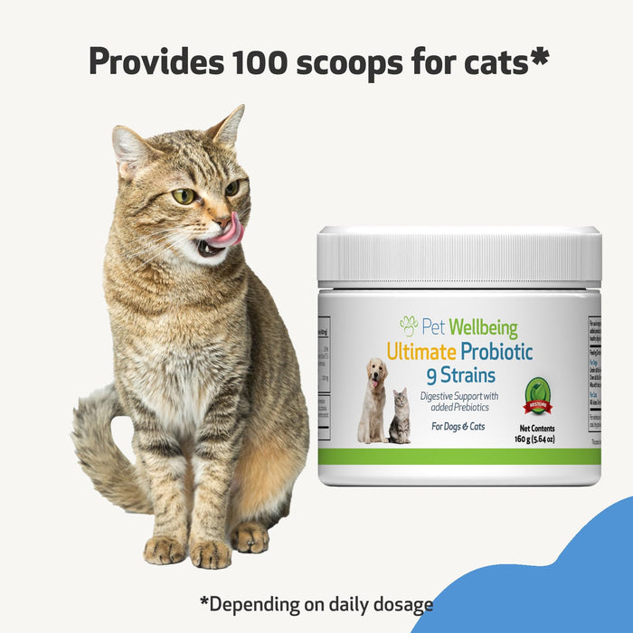 Pet Wellbeing - Ultimate Probiotic 9 Strains for Cats and Dogs - Natural Support for Digestion and Urinary Tract Health 160 Grams.