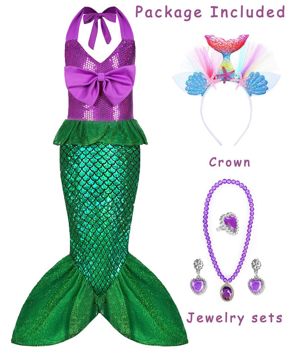 Oumbivil Grils Mermaid Costume Ariel Princess Dress Cosplay Birthday Party Halloween Costumes with Headband, Necklace OU057S