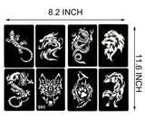 Kotbs 4 Sheets Temporary Tattoo Stencils, 32pcs Animal Patterns Henna Tattoo Stencil Kit Temporary Glitter Airbrush Tattoo Stencils Arabian Tattoo Stickers for Face Body Paint Art