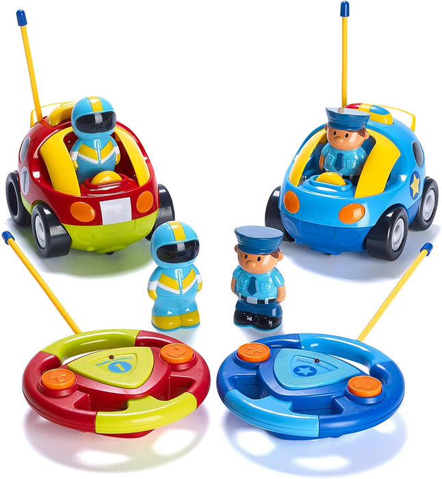 PREXTEX 2 Pack Cartoon Remote Control Cars - Police Car and Race Car for Toddlers - RC Cars for Kids with Different Frequencies - Easy Remote Control Toy for Boys and Girls - Toddler Gifts 18+ Months