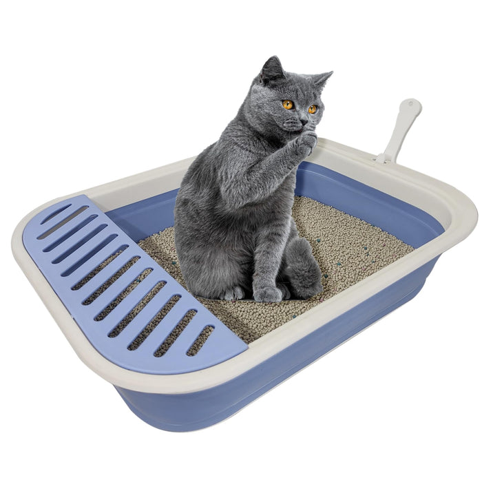 Senior Cat Litter Boxes, Collapsible Open Low Entry Cat Litter Pan with Scoop Travel Cat Potty Pan Foldable Pet Toilet for Sick Disabled Older Elderly Cats 20.9x15.7x5.7 inch