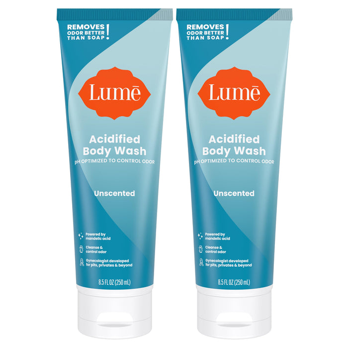 Lume Acidified Body Wash - 24 Hour Odor Control - Removes Odor Better than Soap - Moisturizing Formula - Formulated Without SLS or Parabens - OB/GYN Developed - 8.5 ounce (Pack of 2) (Unscented)