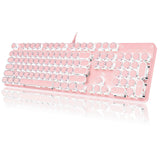 YSCP Typewriter Style Mechanical Gaming Keyboard LED Backlit Wired with Blue Switch Retro Round Keycap 104 Keys Keyboard (Pink 104Keys LED)