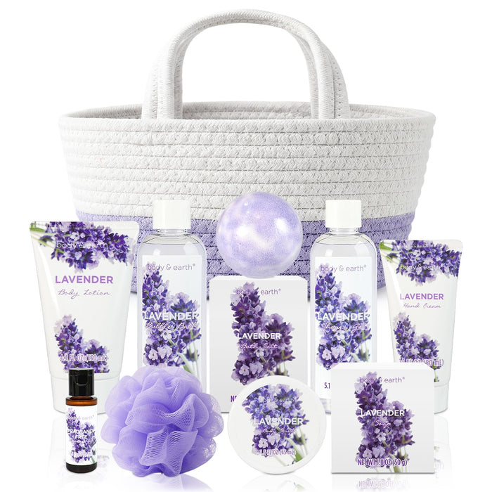 BODY & EARTH Spa Gift Baskets for Women 11pcs Lavender Gift Sets with Bubble Bath, Shower Gel, Body Lotion, Mom Birthday Gifts, Spa Kit, Purple Gift for Her, Christmas gifts