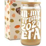 Trump 2024 Glass Cup, IN MY TRUMP 2024 ERA 16oz Glass Cups, Donald Trump Take America Back Election, Drinking Glass Tumbler With Lids and Straws, Iced Coffee Cups Personalized Gifts for Women Men