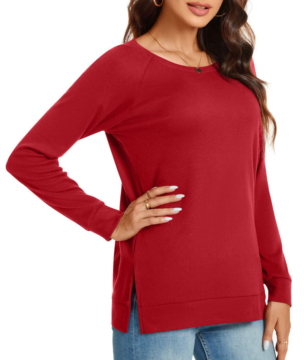 TAOHUADAO Women's 2024 Fall Casual Long Sleeve T-Shirt Side Split Tunic Tops for Leggings Loose Crewneck Sweater Christmas Large, Red