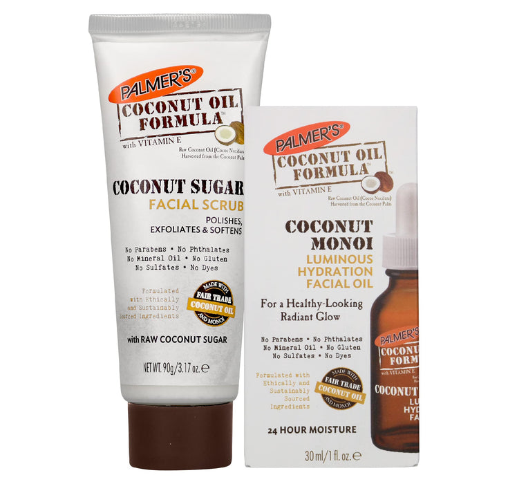 Palmer's Face Oil + Face Scrub, Coconut Oil Formula with Vitamin E Skin Care Bundle, Made with Fair Trade Coconut Oil & Monoi, Includes 1 Facial Oil (1 fl oz) and 1 Face Exfoliator (3.17 oz)