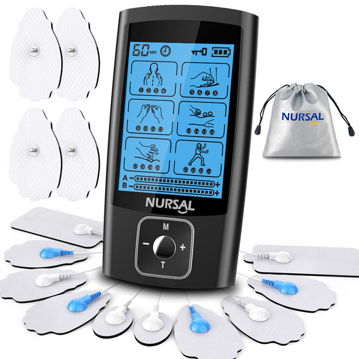 NURSAL Dual Channel Ems Tens Unit 24 Modes Muscle Stimulator for Pain Relief & Muscle Strength with 14 Pads, Rechargeable Tens Machine Pulse Massager with Storage Pouch/Pads Holder/Lanyard/Cable Ties