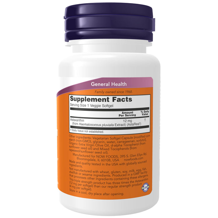 NOW Astaxanthin 12 mg, Triple Strength - 60 Veggie Softgels