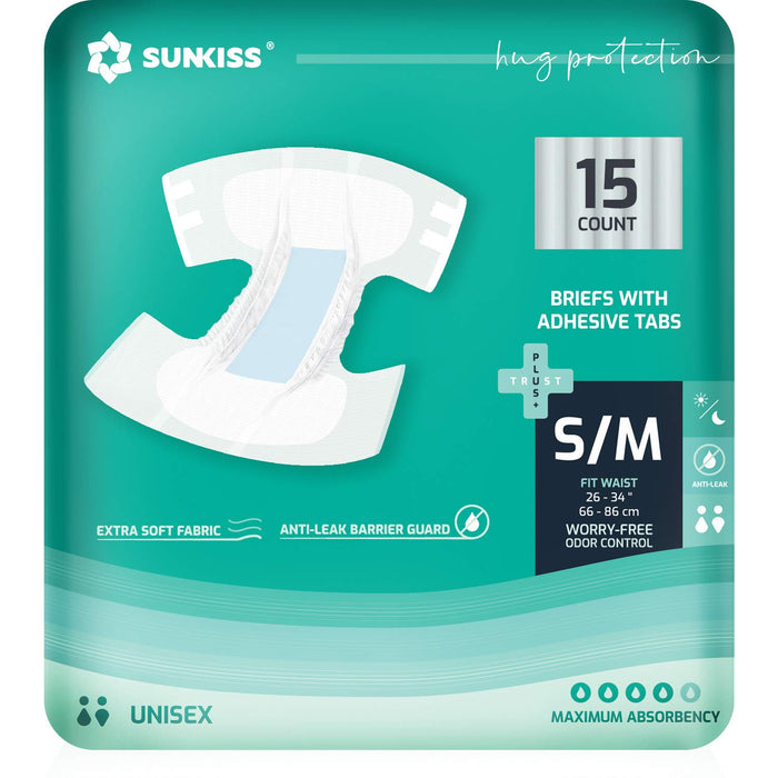 SUNKISS TrustPlus Adult Diapers with Maximum Absorbency, Disposable Incontinence Briefs with Tabs for Men and Women, Maximum Overnight Absorbency, Small/Medium, 60 Count (4 Packs of 15)