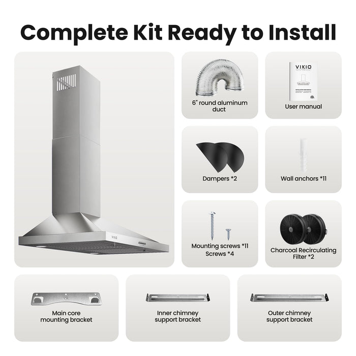 VIKIO HOME Wall Mount Range Hood 30 inch, 600 CFM Kitchen Vent Hood, Ducted or Ductless, with Charcoal Filters, Stainless Steel Baffle Filters & Dual LED Lights