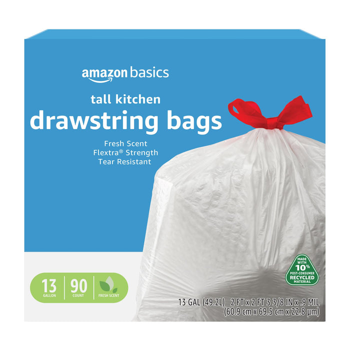 Amazon Basics Flextra Tall Kitchen Drawstring Trash Bags, Clean Fresh Scent,10% Post Consumer Recycled Content, 13 Gallon, 90 Count, Pack of 1