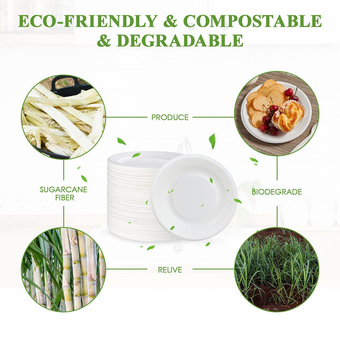 Vplus 100% Compostable Paper Plates, 200 Pack 7 Inch Disposable Paper Plates, Uncoated Biodegradable Plates Made of Sugar Cane Fibers, Perfect for Sandwich, Cake, and Snack