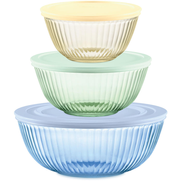 Pyrex Colors Tinted 6-PC Full Set, Small/Medium/Large Glass Mixing Bowls With Lids, Nesting Space Saving Set of Bowls For Prepping and Baking, 1.3QT, 2.3QT & 4.5QT