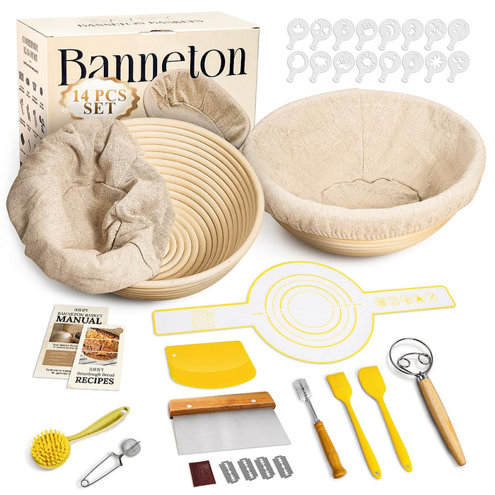 BAVIFY 9 Inch Round Banneton Bread Proofing Basket Sourdough Starter Kit, Sourdough Bread Baking Supplies with Bread Lame, Sling, Spatula, Scraper, Dough Whisk