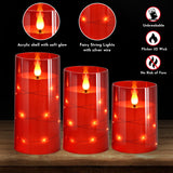 NURADA Flickering Flameless Candles: Built-in Star String Lights Battery Operated LED Pillar Candles with Remote and Timer Romantic Decorations for Wedding Party Christmas Halloween - Red 3 Pack