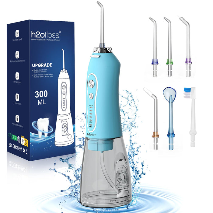 Water Dental Flosser Teeth Cleaner Pick, H2ofloss Cordless Portable Oral Irrigator,5 Mode IPX7 Waterproof Teeth Picks 300ML Rechargeable WaterFlosser for Teeth Cleaning Sky Blue