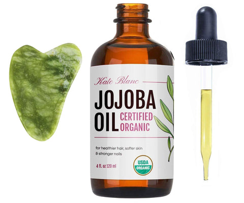 Kate Blanc Cosmetics Jojoba Oil for Hair Growth, Skin & Face with Gua Sha Stone Kit (4oz) Organic Facial Oil for Gua Sha Massage. 100% Pure & Natural Hair Oil