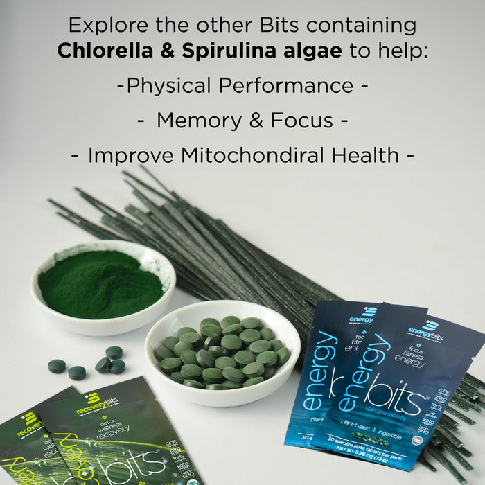 ENERGYbits/RECOVERYbits - Organic Spirulina & Chlorella Tablets - Single Serving Sample Packs - Algae Superfood - High Protein, Chlorophyll - Self Care - Vegan, Keto, Gluten Free - 4 Bags, 30/Bag