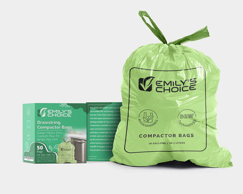 Emily's Choice Biodegradable Super Heavy Duty Trash Compactor Bags (50 count) with D2W Technology, Custom Flex Fit, 68.1L / 18 Gallons, ATSM 6954, 2.0 Mil / 50.1 Micron Thickness