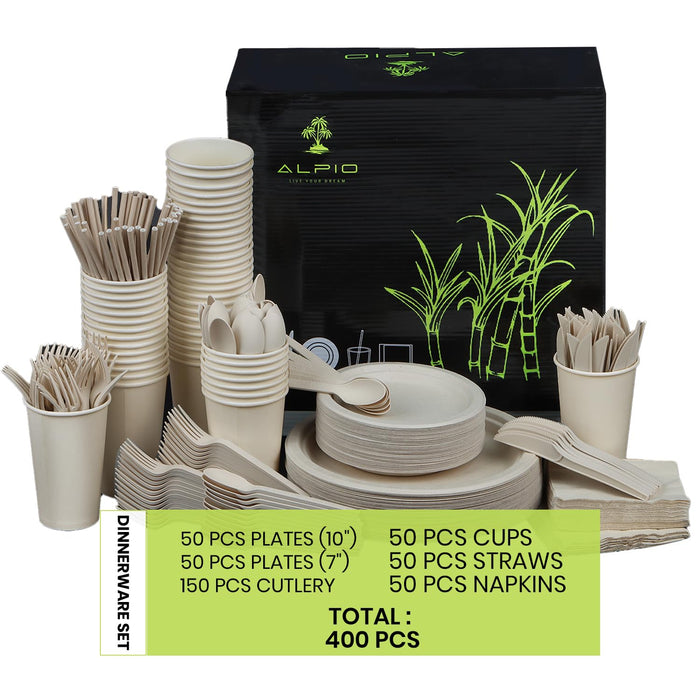 ALPIO 400 Piece Compostable Dinnerware Set for 50 Guests, Biodegradable Paper Plates Set, Eco-Friendly Disposable Plates & Utensils include Paper Plates, Forks Knives Spoons Straws Napkins for Party