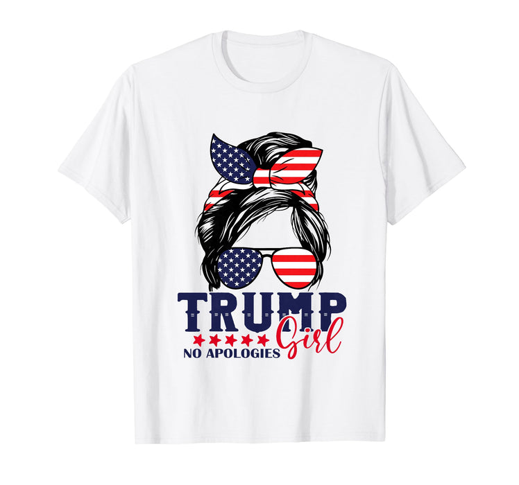 Trump Girl No Apologies Messy Bun Trump 2024 American Flag T-Shirt