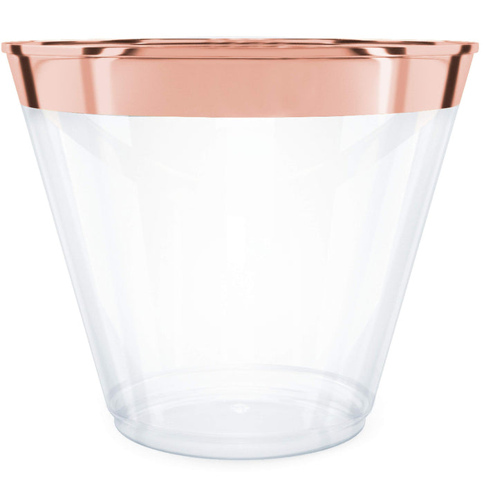 Prestee 100 Rose Gold Plastic Cups - 9 oz Hard Disposable Rose Gold Cups - Rose Gold Party Decorations - Plastic Wine Cups - Plastic Cocktail Glasses - Plastic Drinking Cups - Bulk Party Clear Cups