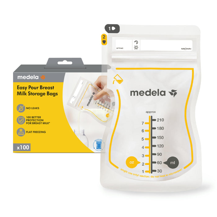 Medela Easy Pour Breastmilk Storage Bags | 100 Count 210ml | Disposable Leakproof Breast Milk Bags with Milk Protection | Recyclable & BPA Free