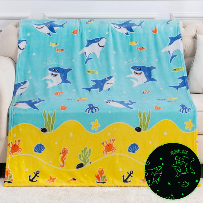 Shark Toys Gifts for Boys Girls - Glow in The Dark Ocean Animal Blanket Best Christmas Birthday Valentine's Day Easter Presents for Kids Age 1 2 3 4 5 6 7 8 9 10 Year Old Child Teen Soft Throw 50"x60"