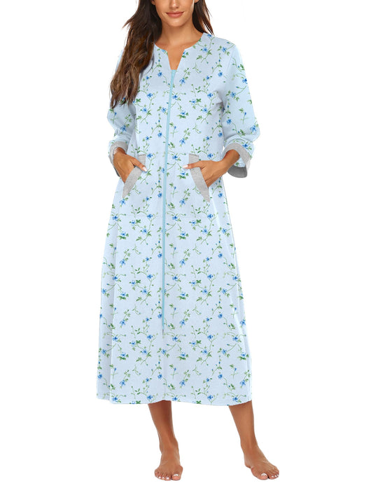 Ekouaer House Dresses for Elderly Mumu Dresses House Dress V Neck Nightgown Robe Half Sleeve Loungewear Full Length Sleepwear Zipper Duster Housecoat Print L