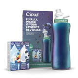 Cirkul 32oz. Chameleon Stainless Steel Water Bottle Starter Kit with Green Lid, 2 Flavor Cartridges (1 LifeSip Blackberry Blueberry, 1 GoSip Berry Blue Punch) Zero Calories and No Sugar