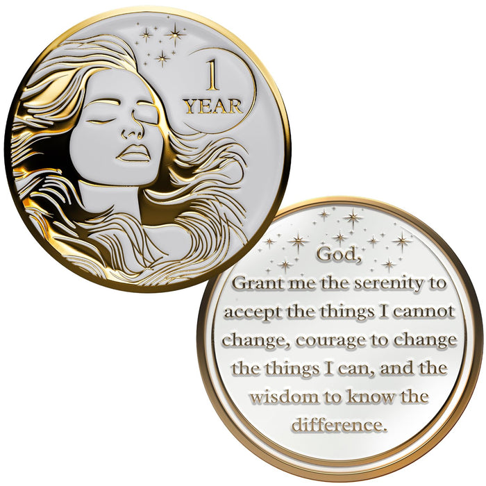 MilestoneMint 1 Year Sobriety Coin Gift Set | Women's Serenity Token AA Chip Medallion with Coin Capsule, Display & Card | Sobriety Gifts for Women in Recovery for Anniversary Month & Year. (Gold)