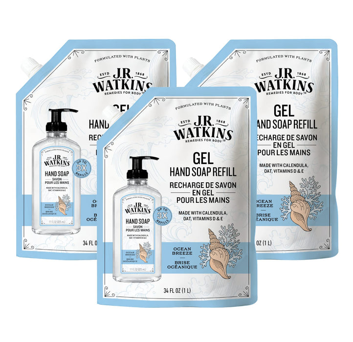 J.R. Watkins Gel Hand Soap Refill, Moisturizing Hand Wash, All Natural, Alcohol-Free, Cruelty-Free, USA Made, Ocean Breeze, 34 Fl Oz, 3 Pack