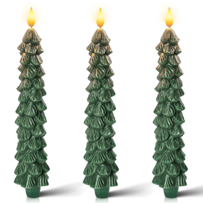 Homemory 3 PCS Flameless Taper Candles with 6-Hours Timer, 9.5 Inches Christmas Tree Candlesticks, Real Wax Battery Operated Window Candles with 3D Flickering Flame for Fireplace Christmas