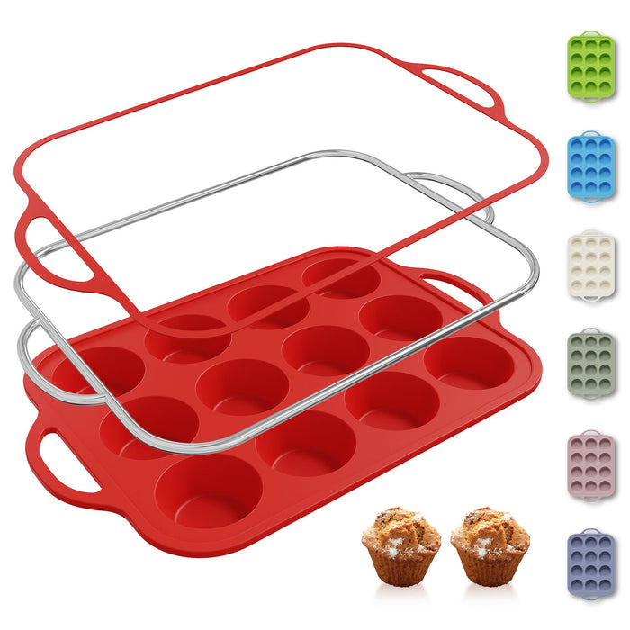 12 Cups Silicone Muffin Pan with Metal Reinforced Frame Regular Size Cupcake Pan Tray Egg Bites Silicone Circle Cookie Molds Muffin Tin Tart Pans Baking Sheet Set for Breakfast Sandwiches