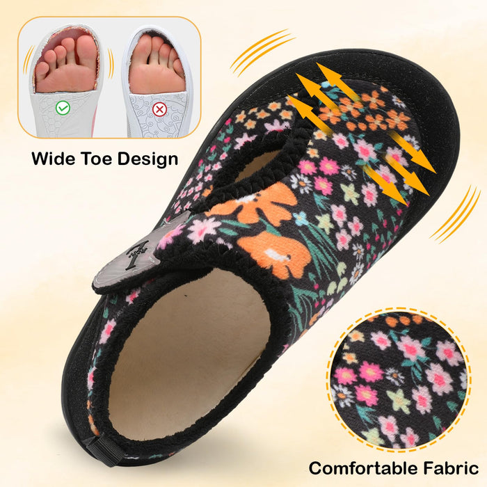 L-RUN Women's Diabetic Slippers Wide Width Elderly Shoes Breathable Swollen Feet Walking Edema Sneakers Black 9.5 Wide