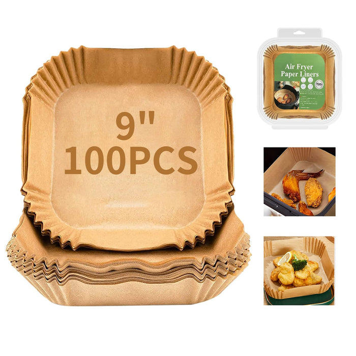 Air Fryer Disposable Paper Liner Square 9 Inch, 100PCS Large Paper Liners for 6-10QT Air fryer, Non-stick Parchment Paper for Frying, Steamer, Baking, Microwave Etc