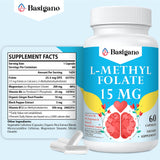 Basigano 15mg L Methylfolate (5-MTHF)- Active Folic Acid-Enriched with Vitamins B6 and B12-60 Vegetarian Capsules - Non-GMO, Gluten-Free
