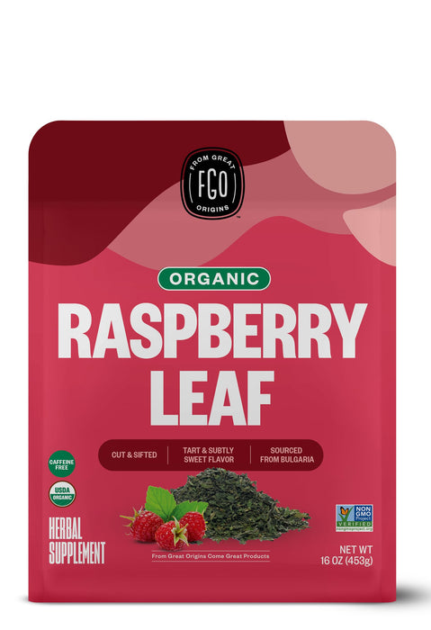 FGO Organic Red Raspberry Loose Leaf Herbal Tea, Cut and Sifted, Caffeine Free, 16oz Bulk Resealable Pouch, Packaging May Vary (Pack of 1)