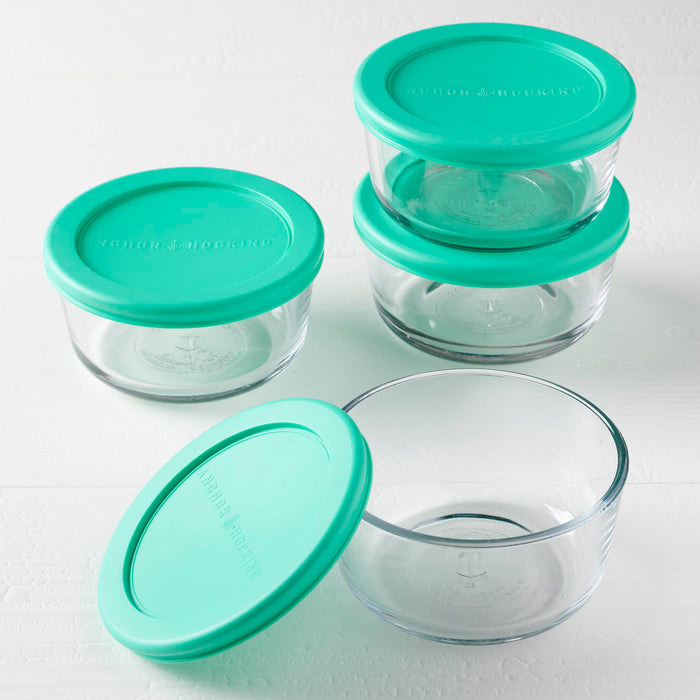 Anchor Hocking 2 Cup Glass Storage Containers with Lids, Set of 4 Glass Food Storage Containers with Mint SnugFit Lids