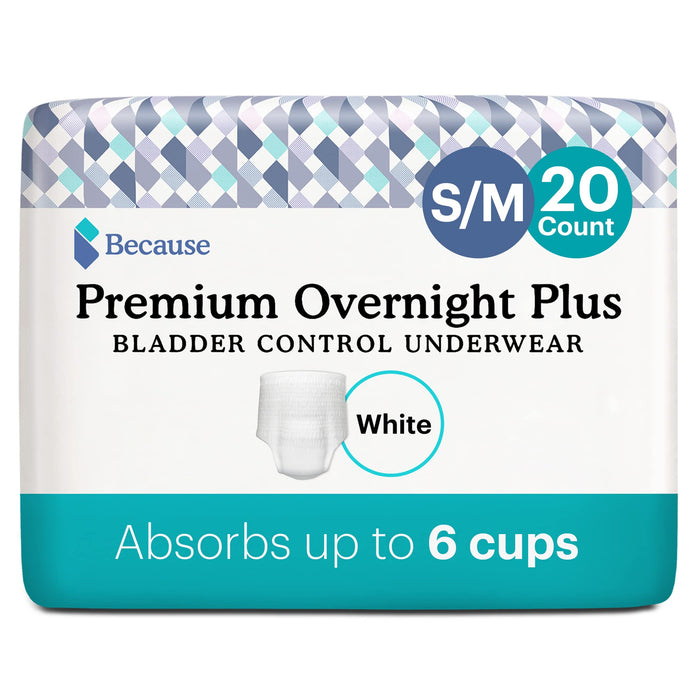 Because Overnight Absorbency Pull Ups - Adult Disposable Incontinence Underwear, Extra Absorbent Nighttime Briefs for Men and Women, White, Small/Medium, 20 Count