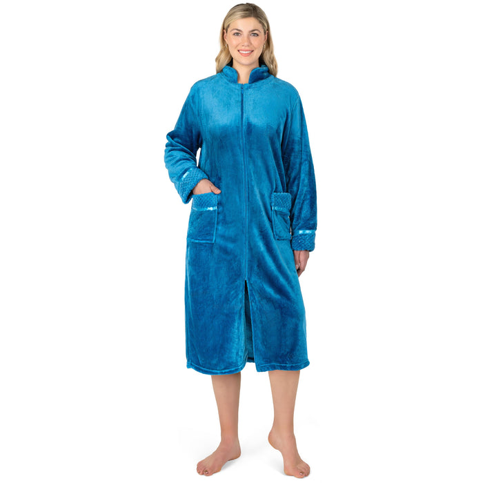 PAVILIA Womens Housecoat Zip Robe, Fleece Zip Up Front Robe Bathrobe, Plush Warm Zipper House Coat Lounger for Women Ladies Elderly with Satin Trim, Pockets, Long Plus Size - Teal Sea Blue (2x/3x)