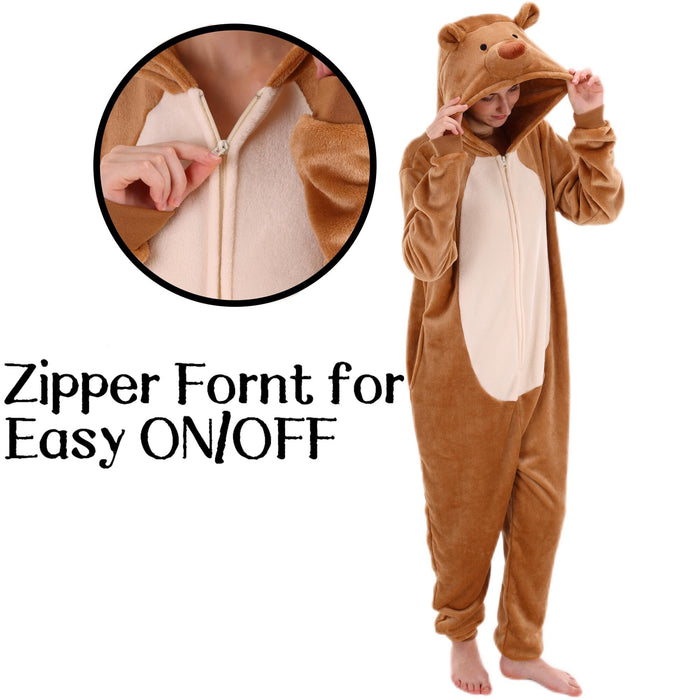 COSUSKET Snug Fit Unisex Adult Onesie Pajamas, Flannel Teddy Bear Cosplay Animal One Piece Halloween Costume Sleepwear Homewear