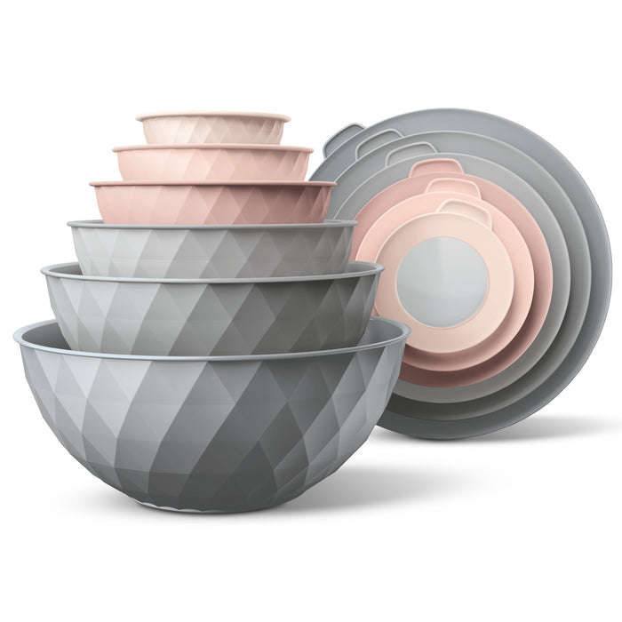 COOK WITH COLOR Mixing Bowls with Lids - 12 Piece Plastic Nesting Bowls Set includes 6 Prep Bowls and 6 Lids, Diamond Design - Microwave Safe (Mint)